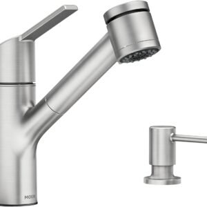 Moen Sombra Spot Resist Stainless Single-Handle Pull-Out Sprayer Kitchen Faucet with Soap Dispenser and Power Clean, 87701SRS