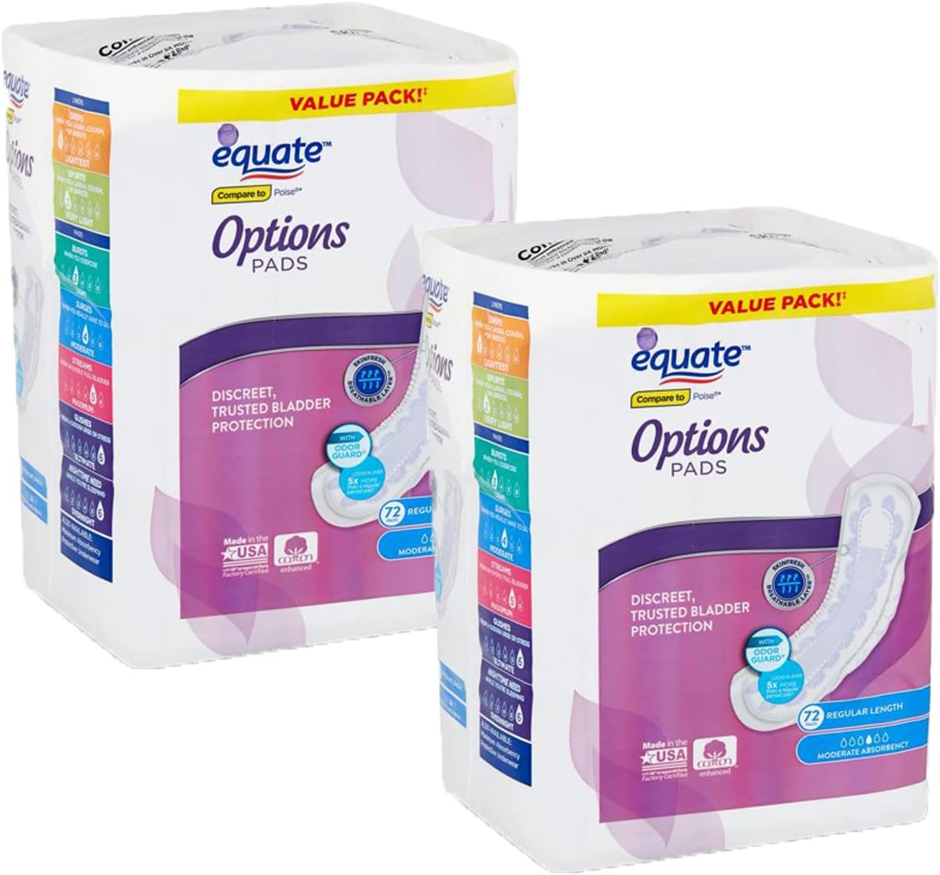 Equate Body Curve Incontinence Pads for Women, Moderate, Regular Length, 54 Ct – 2 Pack