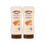 Twin pack of SPF 50 Oxybenzone-free Hawaiian Tropic Sunscreen lotion.
